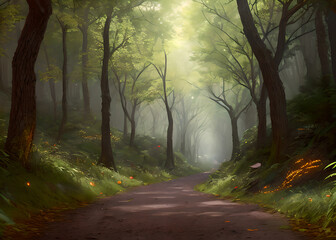 Fototapeta premium Fantasy green forest trees illustration ,Generative AI