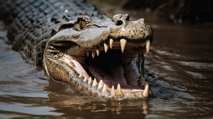 Frontview on a big crocodile with open mouth as a symbol for danger. Generative AI.