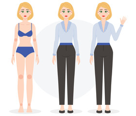 Office business lady in a suit. Beautiful long-haired blonde. A cartoon character of a girl for animation. Vector illustration. Character construstor. Businesswoman.