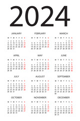 Calendar 2024 - illustration. Monday to Sunday
