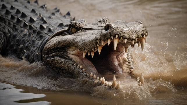Big crocodile lying on the ground with an open mouth.  Generative AI.