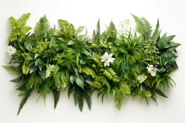Composition of green houseplants on a white wall