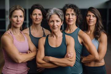Group of middle aged women looking happy and confident in sportswear, indoor, fitness center...