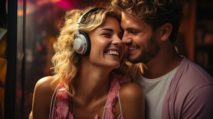 Loving happy adult couple wearing headphones together listening to romantic music together