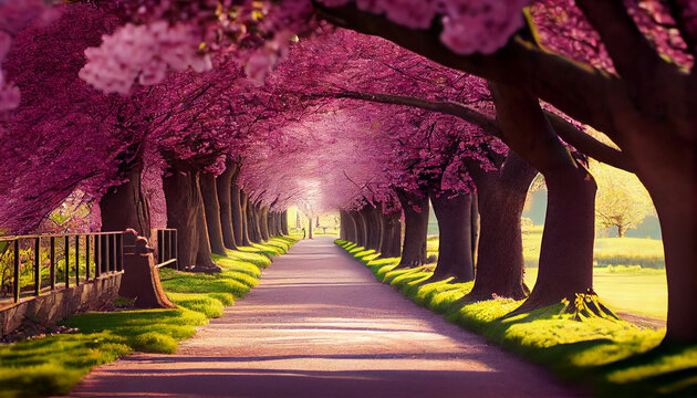 Beautiful pink flowering cherry tree avenue in Holzweg, Magdeburg, Saxony-Anhalt, Germany, footpath under sunny arch of cherry blossoms, Ai generated image © TrendyImages