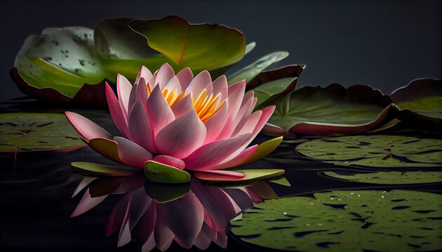Beautiful pink water lily flower with leaves in a pond, beauty in nature concept banner for wellness, cosmetics, recreation, wallpaper decor,Ai generated image