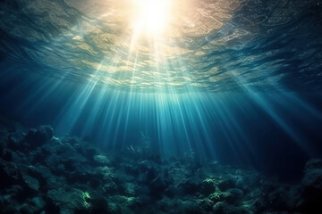 Fototapeta na wymiar Underwater scene with sunbeams and sea surface. 