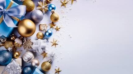 Fond blanc avec décoration de noël ton bleu pale, cadeau, boules, ruban, paillettes, vu de dessus pour carte de voeux - Générative IA