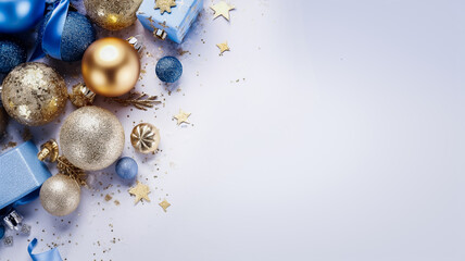 Fond blanc avec décoration de noël ton bleu pale, cadeau, boules, ruban, paillettes, vu de dessus pour carte de voeux - Générative IA