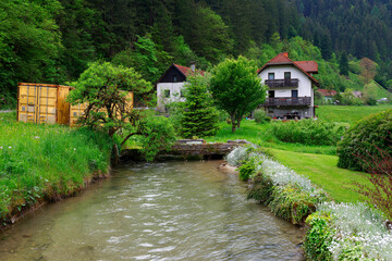 Fototapeta na wymiar View of the Savinja river and valley in Luce, Slovenia, Europe