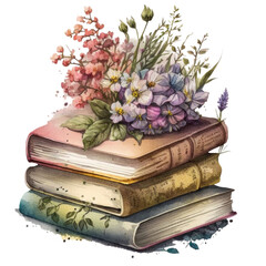 Stack of old books and flowers, watercolor illustration isolated with a transparent background, book lover design created with Generative AI