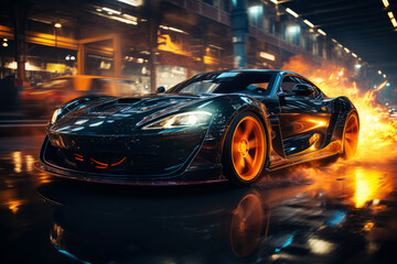 Futuristic sports super car concept on the background of the night city with flame and fire, street racing on expensive exclusive luxury auto, AI Generated © staras