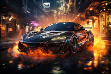 Futuristic sports super car concept on the background of the night city with flame and fire, street racing on expensive exclusive luxury auto, AI Generated © staras