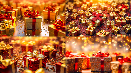 Naklejka na ściany i meble Boites cadeaux dorée avec ruban rouge - Cadeau de Noël - Générative IA