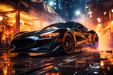 Futuristic sports super car concept on the background of the night city with flame and fire, street racing on expensive exclusive luxury auto, AI Generated © staras