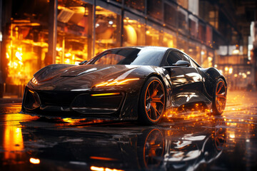 Futuristic sports super car concept on the background of the night city with flame and fire, street racing on expensive exclusive luxury auto, AI Generated © staras