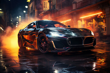 Fototapeta premium Futuristic sports super car concept on the background of the night city with flame and fire, street racing on expensive exclusive luxury auto, AI Generated