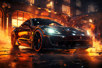 Fototapeta na wymiar Futuristic sports super car concept on the background of the night city with flame and fire, street racing on expensive exclusive luxury auto, AI Generated