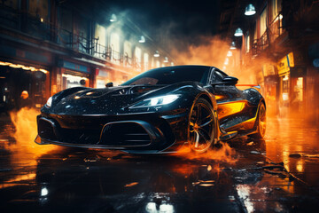 Futuristic sports super car concept on the background of the night city with flame and fire, street racing on expensive exclusive luxury auto, AI Generated © staras