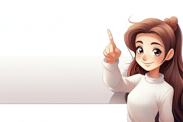 Girl with a raised finger on the background of a white blank banner.