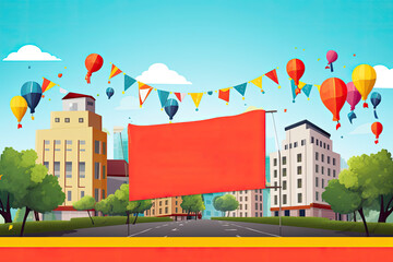 Illustration of a large red poster on the background of the city with balloons and ribbons.