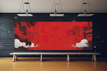 The concept of a red poster for the gym on the background of a black brick wall and a bench.