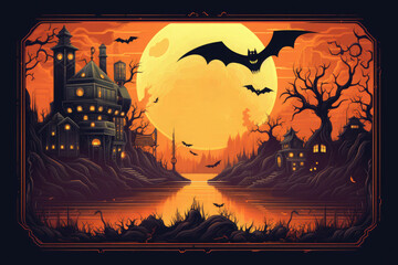Halloween theme with a castle by the pond and bats against the backdrop of a huge full moon.