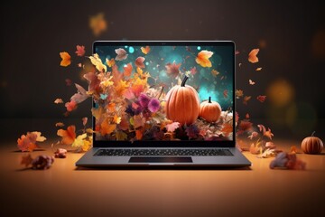 Laptop with pumpkins and autumn leaves on the screen. Mockup for Halloween autumn sales promotion banner.
