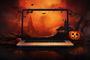 Promotion banner concept for halloween sales of electronics store with laptop, bats and jack pumpkin on orange forest background.