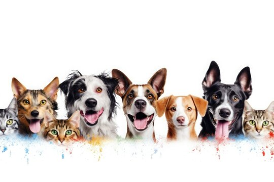 Row of cats and dogs with splashes of multi-colored paint on a white background.