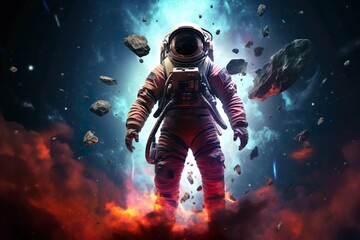 Fototapeta na wymiar Astronaut schwebt auf einem Planeten wo im Hintergrund ein anderen Planeten explodiert mit Feuer ,Generiert mit KI
