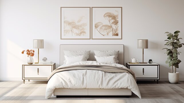  A bed with beige bedding in a white room 