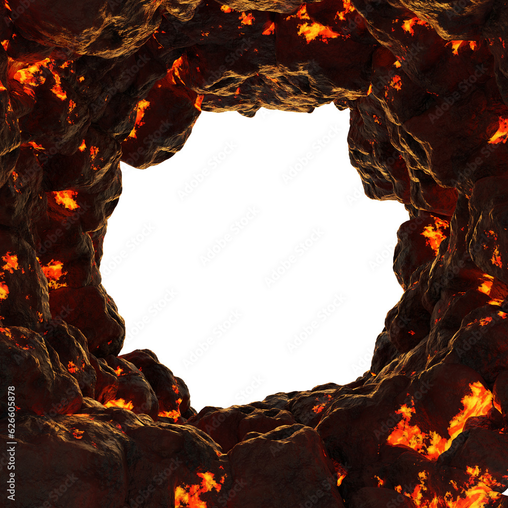 Poster frame of lava and magma mountain cave with isolated on transparent background - png file, 3d renderi