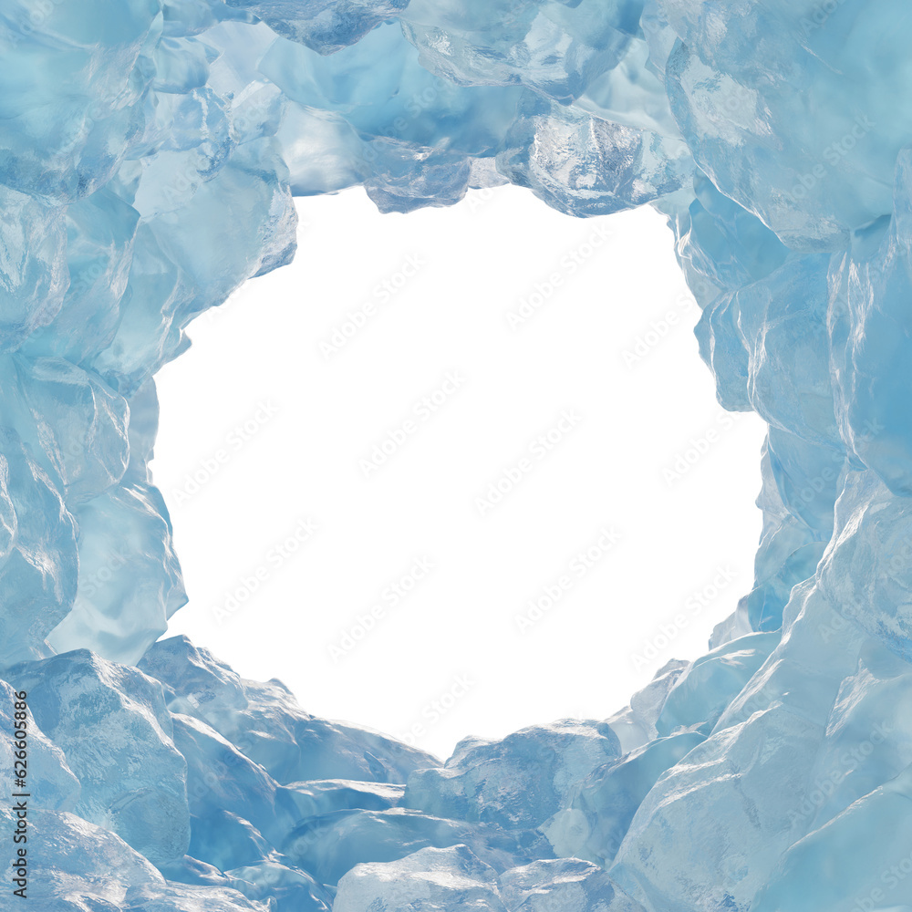 Poster frame of ice mountain cave with isolated on transparent background - png file, 3d rendering illustra