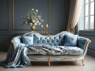 Luxurious White and Blue Sofa  Elegance and Comfort in Front View
