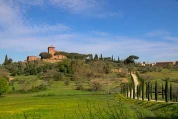 Val D'Orcia, landscape on the infinite valley with lake at the base.