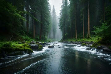 heavy rain in forest generative by AI technology