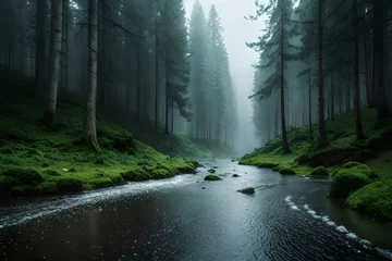 Foto auf Acrylglas Waldfluss heavy rain in forest generative by AI technology