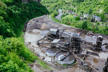 Ore dressing treatment plant at open pit mine, aerial view