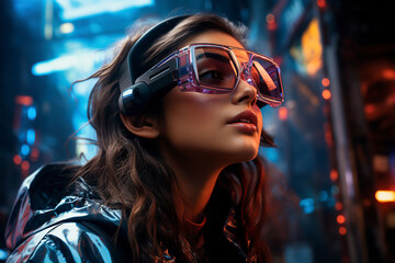 Embrace the allure of the future with this captivating portrayal of a cyber girl adorned in virtual glasses, surrounded by neon lights. Ai generated