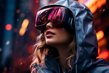 Step into a cyberpunk world with this mesmerizing image of a futuristic girl donning virtual glasses amidst neon lights. Ai generated