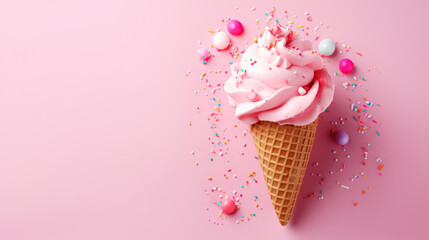 Advertising shot, pink fruit ice cream with colorful sugar sprinkles and gelatins in a cone isolated on light pink background