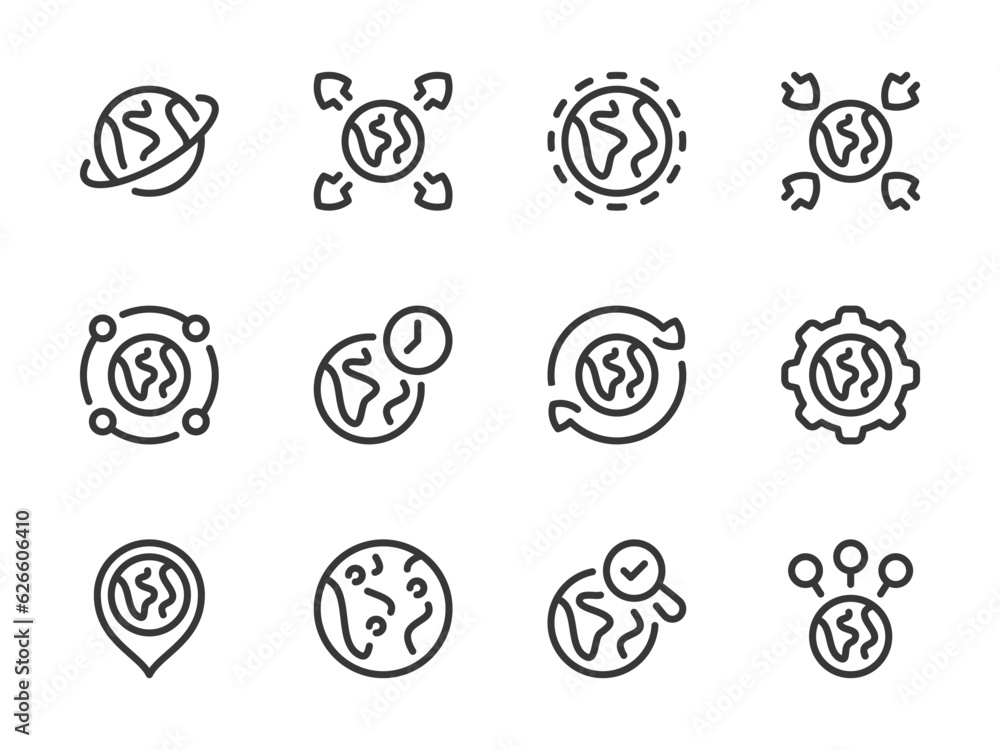 Aufkleber globe and earth vector line icons. planet and global network outline icon set.
