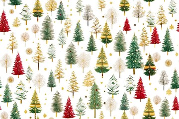 Mix Christmas trees on white background in green, red, golden color, seamless background