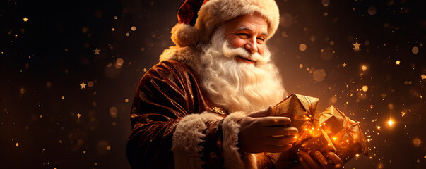 Santa Claus Opening Christmas Present With Golden Stars In Night