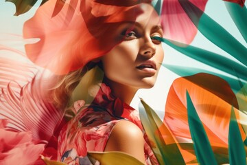 Poster design for fashion brands, in the style of tropical landscapes, split toning, close-up shots, cubist portraiture, exotic