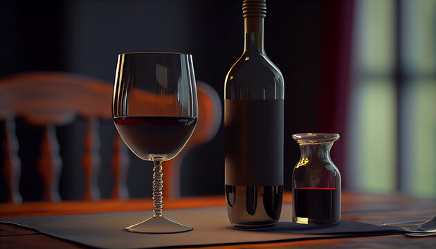 Bottle of wine and a glass on a table Ai generated image
