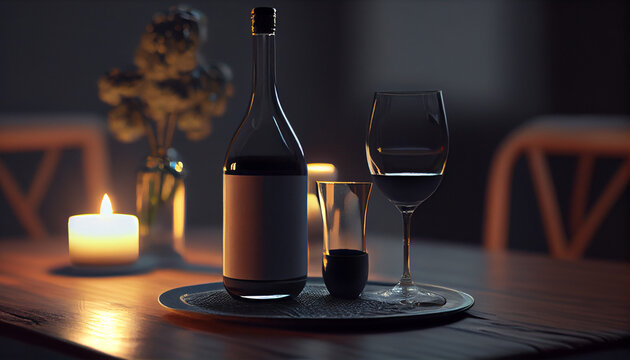 Bottle of wine and a glass on a table Ai generated image