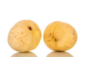 Two juicy ripe peaches, macro, isolated on white background.