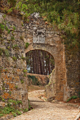 The third gate of the medieval Venetian castle of Zakynthos town, in Zakynthos island, Greece. Above the stone gate there can be seen the heraldic symbols (lion) of the Venetian Republic.